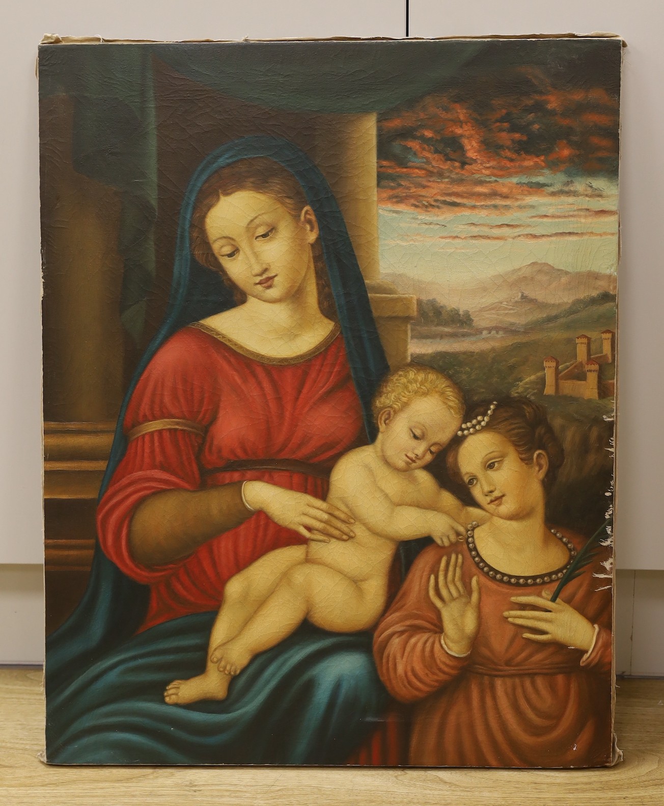 After Raphael, oil on canvas, Madonna and child with attendant, 70 x 55cm, unframed